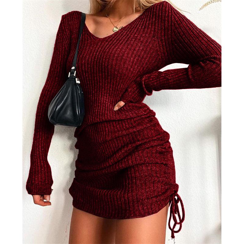 V-neck Knitted Sweater Dress - Long Sleeve, Slim Fit, Ruched Drawstring, Ribbed Design for Autumn/Winter