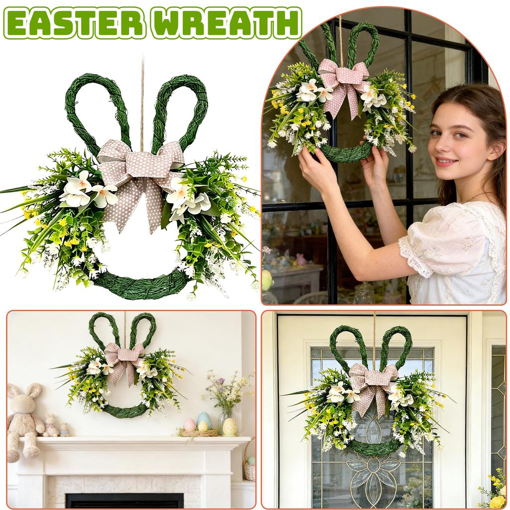 Easter Bunny Themed Artificial Flower Wreath, Spring Shaped Flower With Bunnies Ear Bow Knot For Front Door, Walls