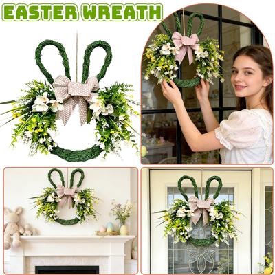 Easter Bunny Themed Artificial Flower Wreath, Spring Shaped Flower With Bunnies Ear Bow Knot For Front Door, Walls