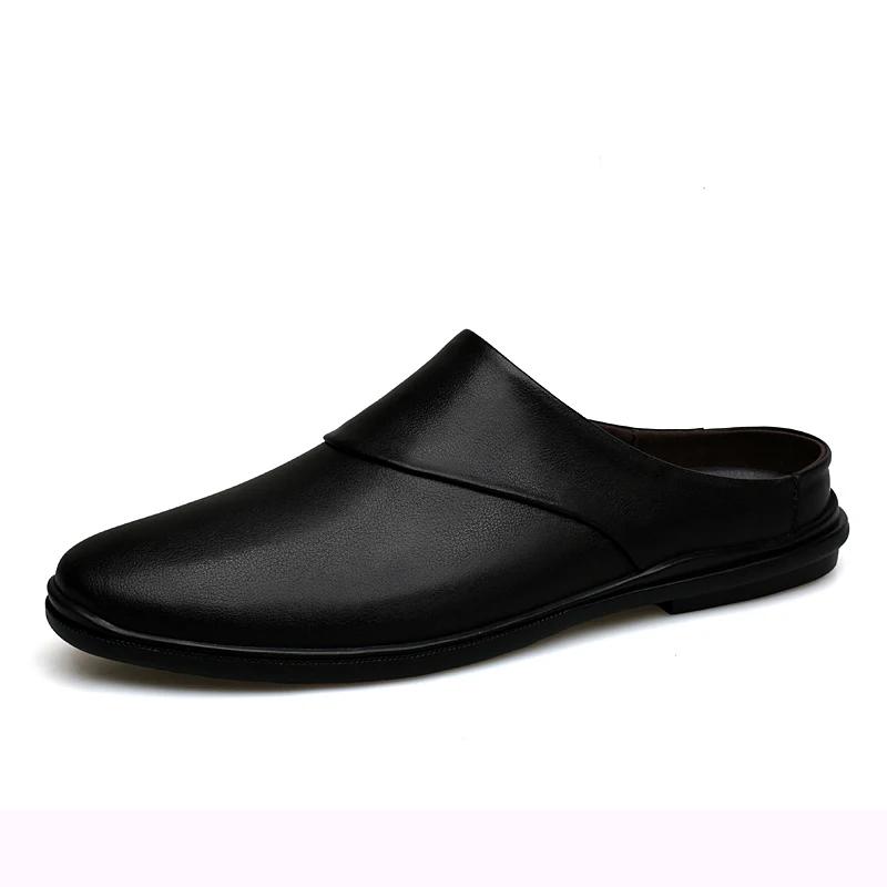 Fashion New Genuine Leather Mens Slippers Summer Breathable Casual Shoes Slip-on Lazy Half Shoes Walking Loafers Men Moccasins Half Drag