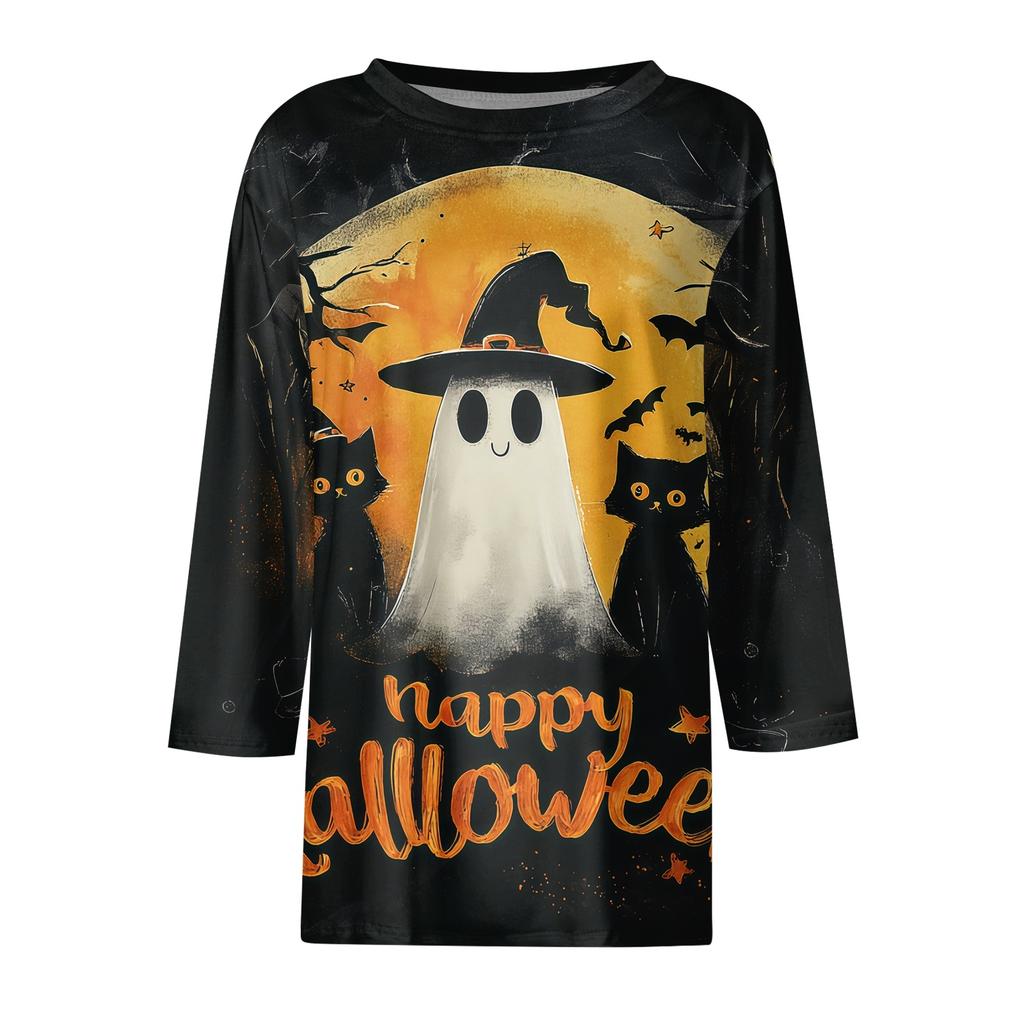 Women's 3/4 Sleeve Loose Fit Casual Shirt Round Neck Halloween Print Top Comfortable Lightweight Fabric Suitable for Everyday Wear