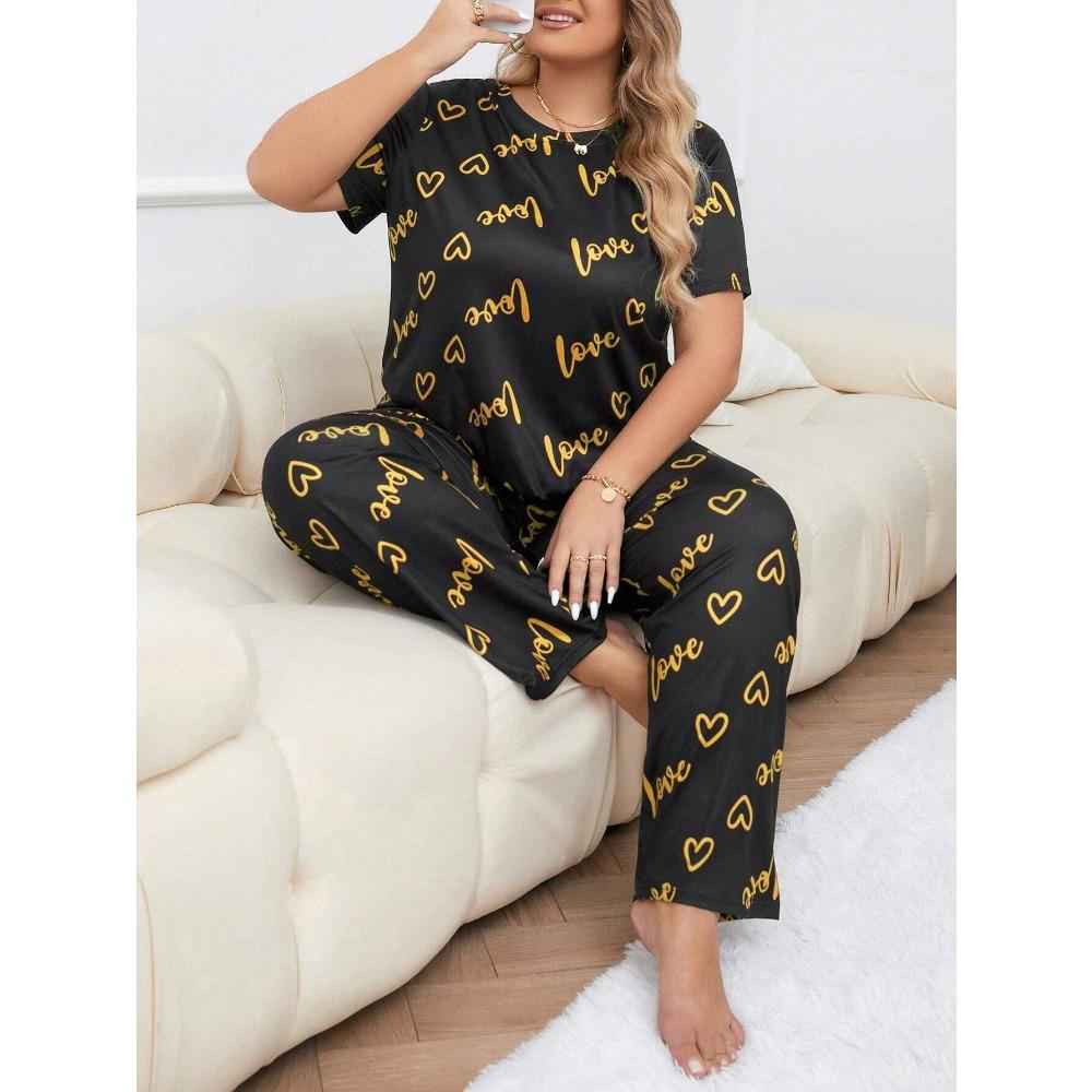 Plus Size 3XL 4XL 5XL Sleepwear Heart Letters Print 2 PCS Pajama Set Women's Casual Short-Sleeve Top and Pants Loungewear