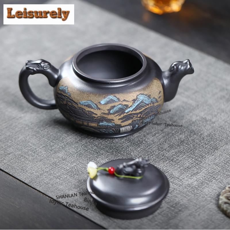 410ml Retro Yixing Lila Ton Teekannen Handgefertigter Landschaftstopf Rohmaterial Stein Gelber Schlamm Kessel Mit Sieb Chinesisches Zisha Teegeschirr