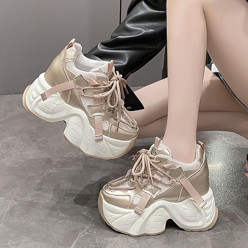 Módní dámské tenisky na vysoké platformě s protiskluzovou podrážkou, jarní vulkanizovaná obuv, 9,5 cm silná podrážka, kožené ležérní boty, robustní sportovní tenisky pro tátu