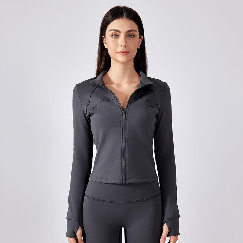 

Autumn and Winter Thin Velvet Yoga Clothes Outerwear Waist Hugging Slim fit Short Running Workout Clothes Top Women Stand Collar Blazer Graphite Gray L/8