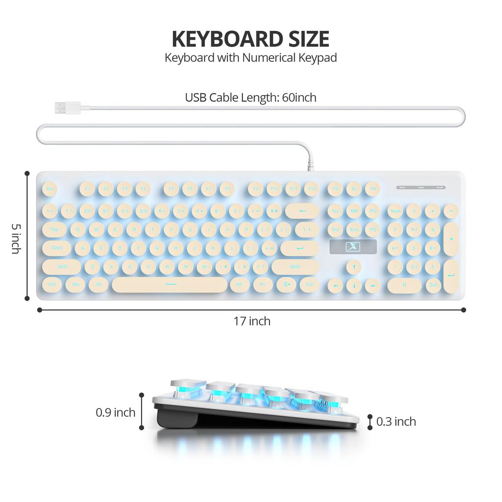 Ussixchare Wired Quiet Membrane Retro Punk Typewriter Design with Blue LED USB Gaming Keyboard with ABS Round Keycaps for Keyboard, Full-Size 104-Key