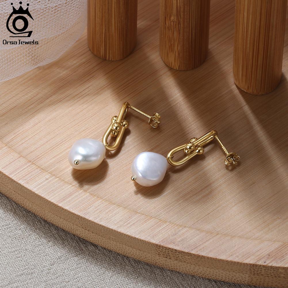 ORSA JEWELS Handpicked Baroque Pearl Earrings 925 Sterling Silver Vintage 14K Gold Pearl Drop Earrings Jewelry for Women GPE54