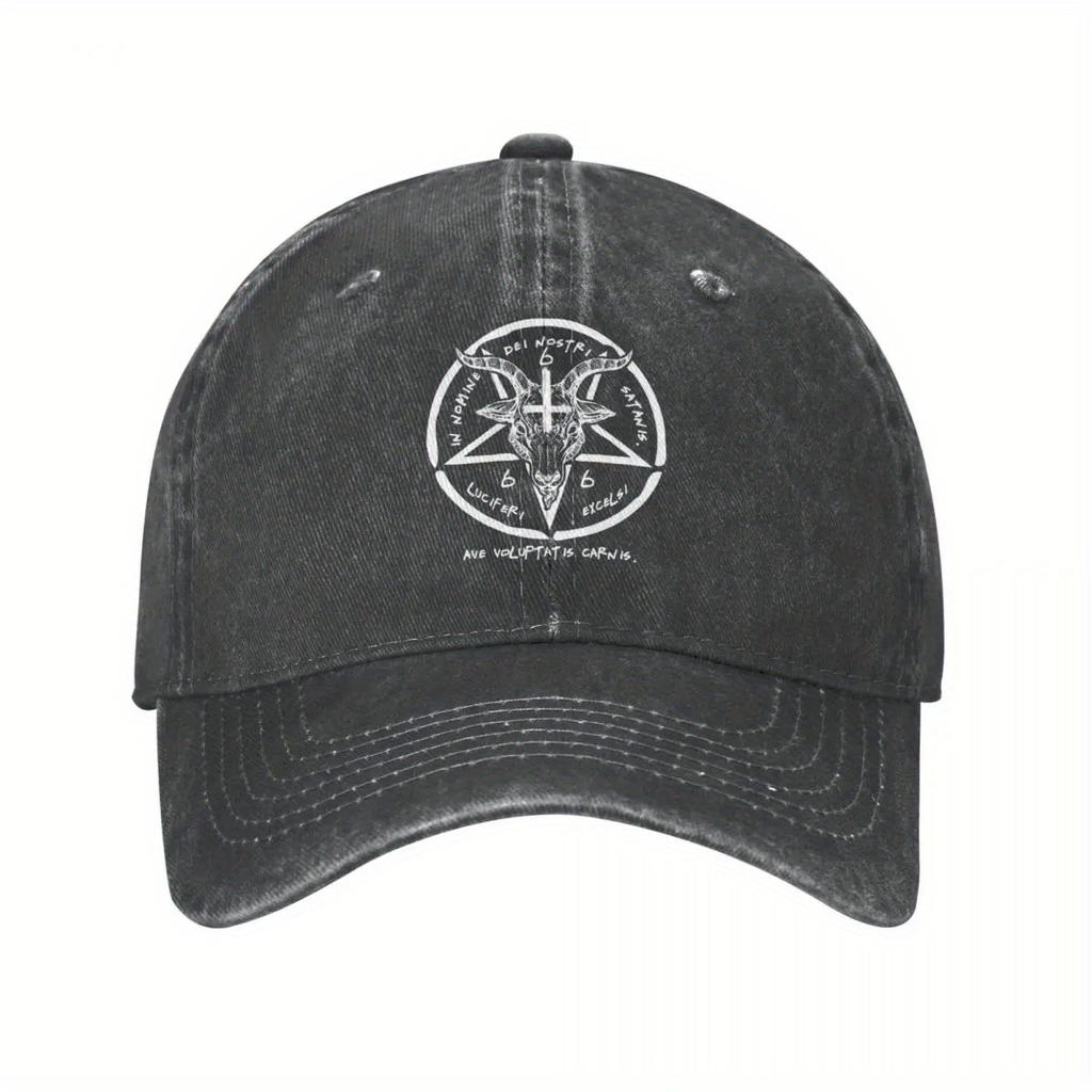 Baphomet Sigil Occult Baseball Cap Distressed Denim Adjustable Casual Hat Unisex Streetwear Headwear