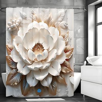 Weißer Blumenduschvorhang, Leicht geprägter floraler Badezimmer-Dekoduschvorhang, Wasserdichter Duschvorhang mit Haken