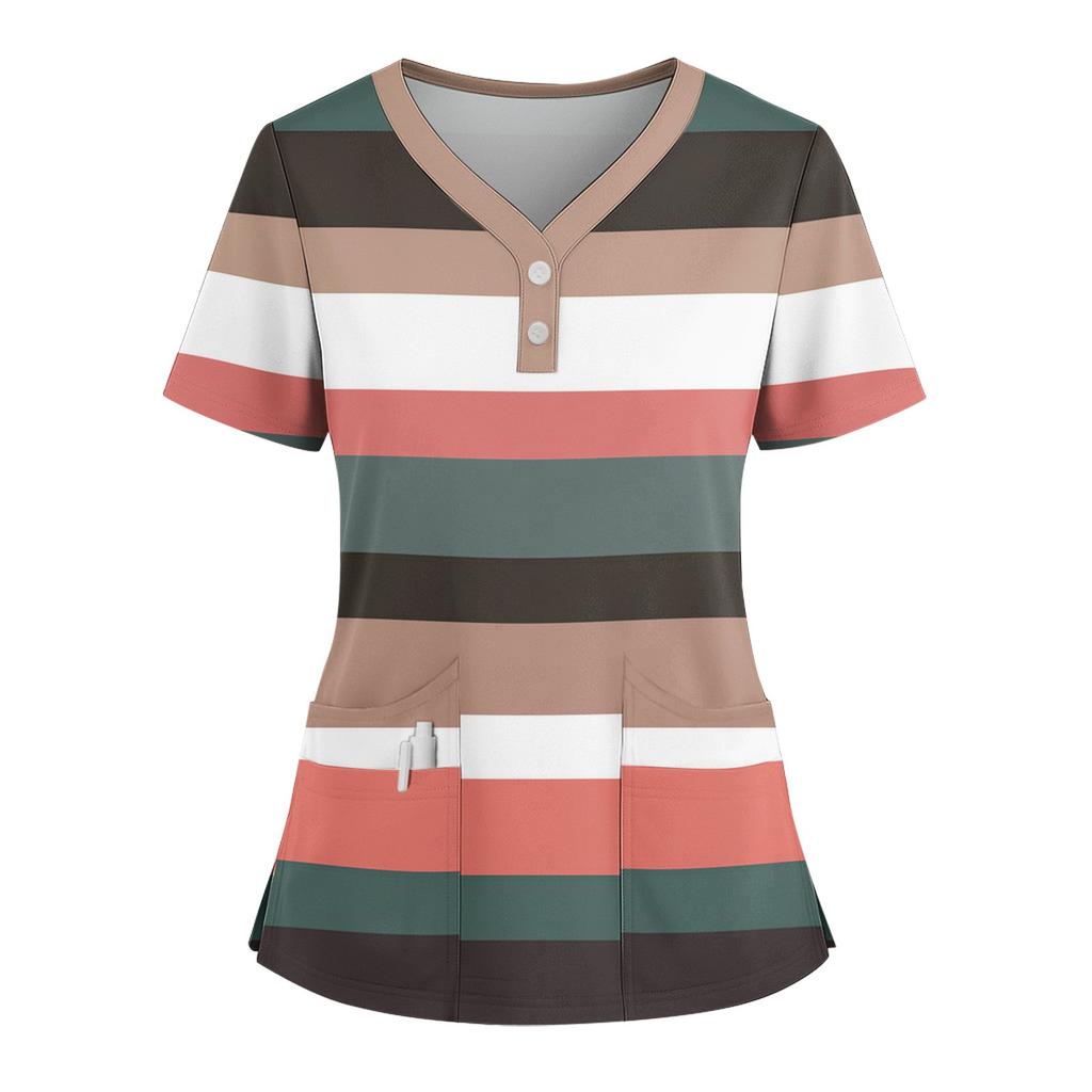 Women's Loose Short Sleeved Fashionable Square Printing V-neck Buttonable Side Slit Top T-shirt