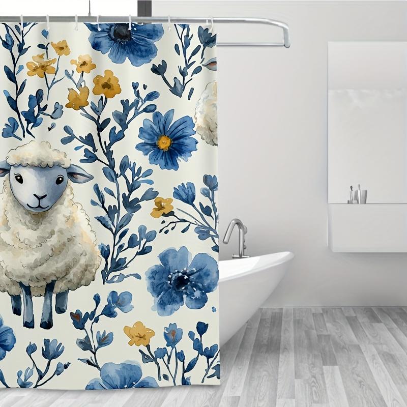 1Pc Sheep & Floral Shower Curtain - Cartoon Design, 71X71 Inch, Polyester, 12 Hooks, Hand Wash, Summer Decor