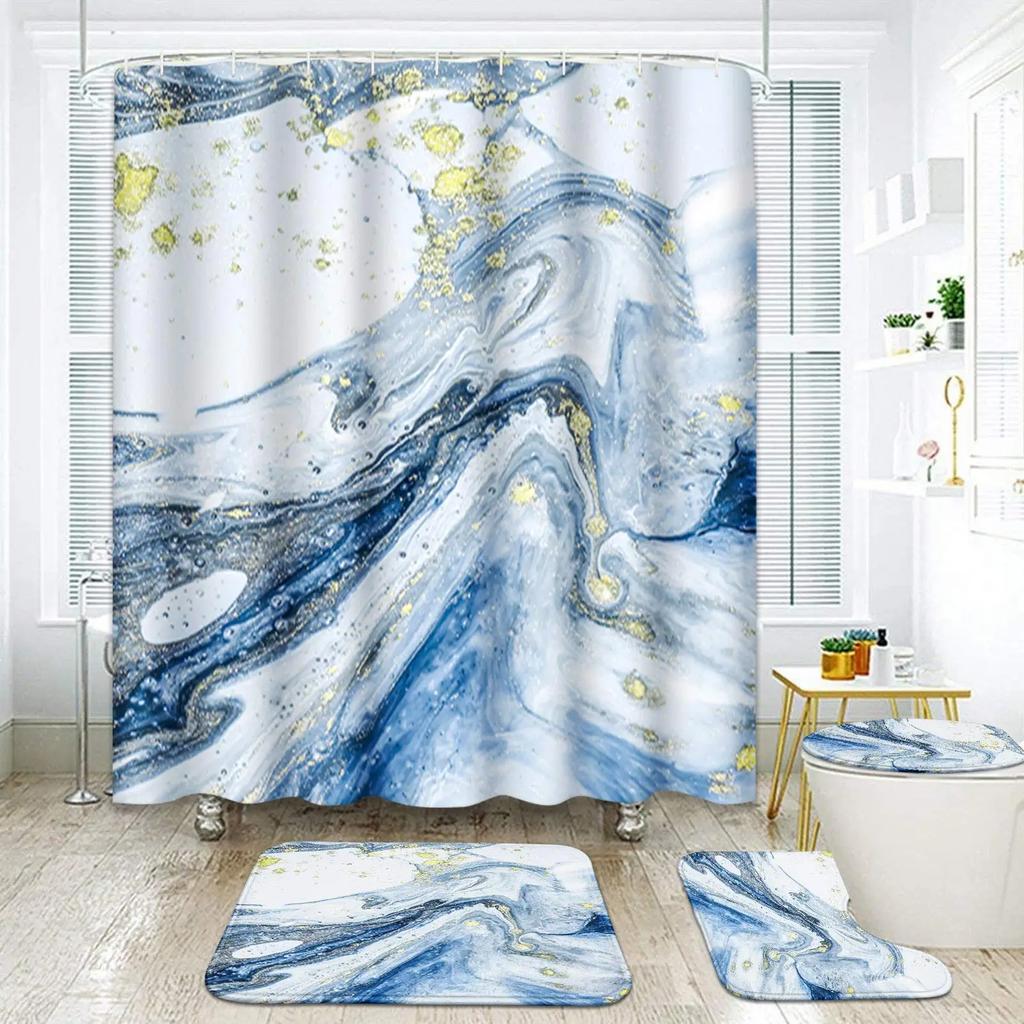 Marble Stain Print Long Shower Curtain Set Bathroom Mat Set Toilet Cover Non-Slip Bath Rug Waterproof Bathtub Decor With Hooks