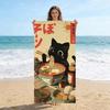 Vintage Japanese Black Cat Ramen Beach Towel Quick Dry Microfiber Super Cute Anime Bath Towel for Swimming Pool Gym Camping