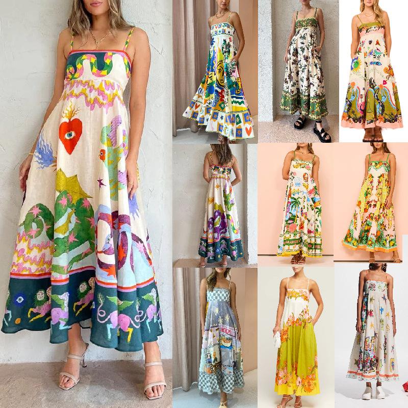 Women's Summer Casual Boho Long Sundress Strap Square Neck Sleeveless Maxi Dresses Flower Printed A Line Beach Dress for Women