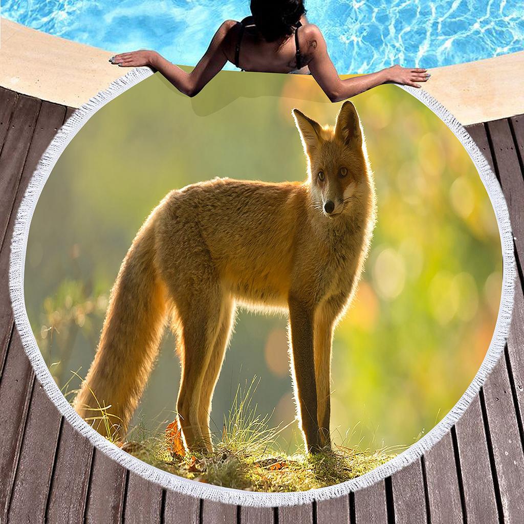 Kawaii Fox Round Beach Towel,Wild Animal Print Beach Blanket,Soft Woodland Animal Themed Rustic Fox Print Pool Towel Picnic Mat