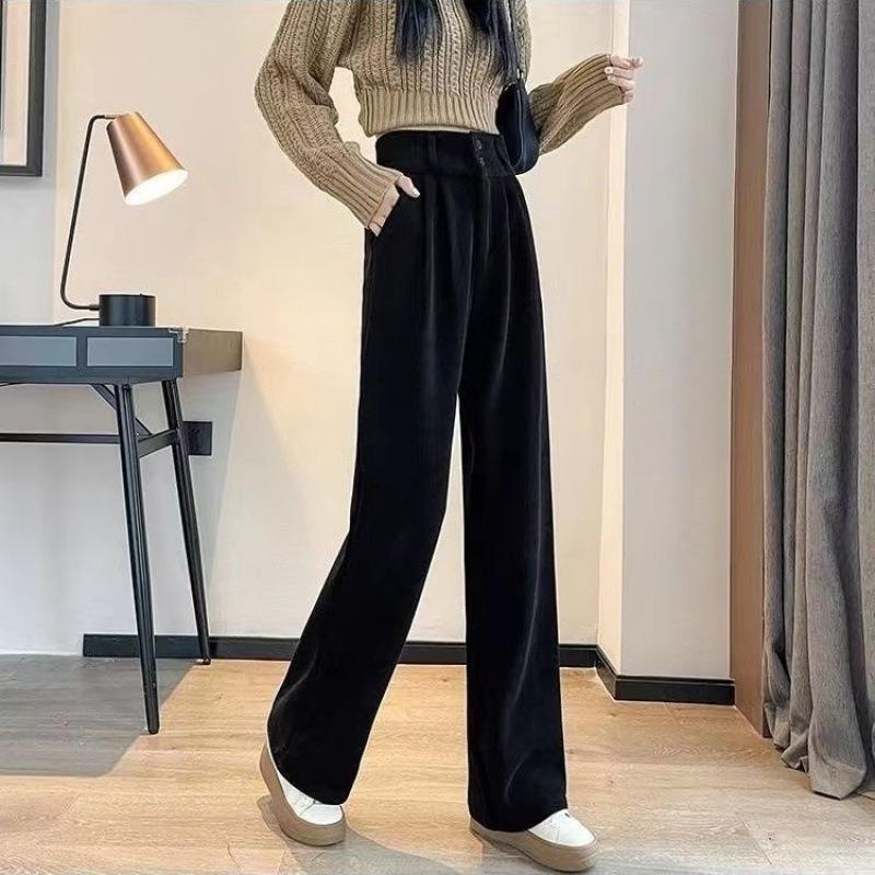 Corduroy Wide-leg Pants for Women in Autumn and Winter, High-waisted, Drape, Casual Straight Leg