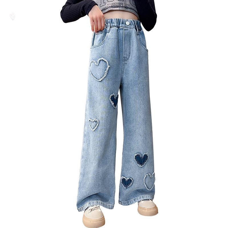 Girls' Heart Patch Jeans Spring Stylish Children's Korean Fashion Long Pants for Girls Spring and Autumn Outerwear Pants
