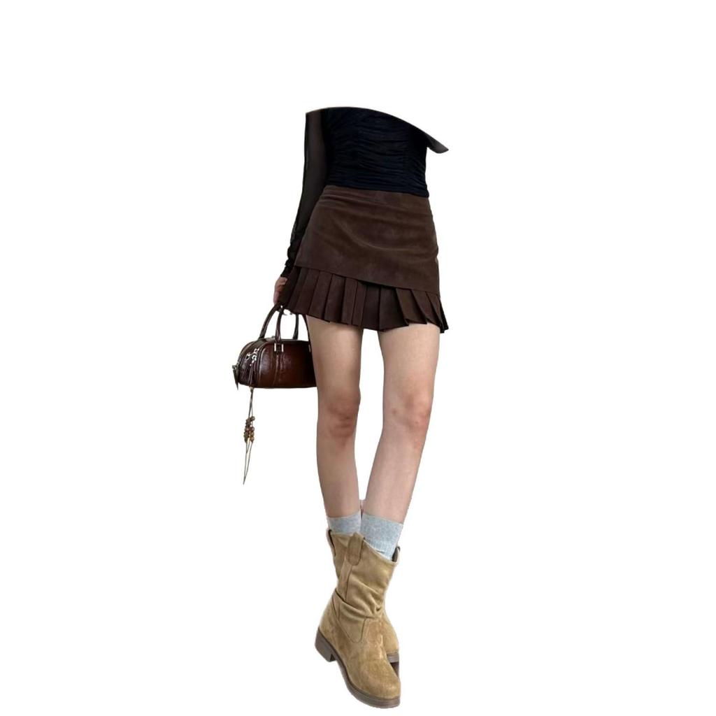 Autumn/Winter High-End Suede Pleated Coffee A-Line Short Skirt for Plus Size Women