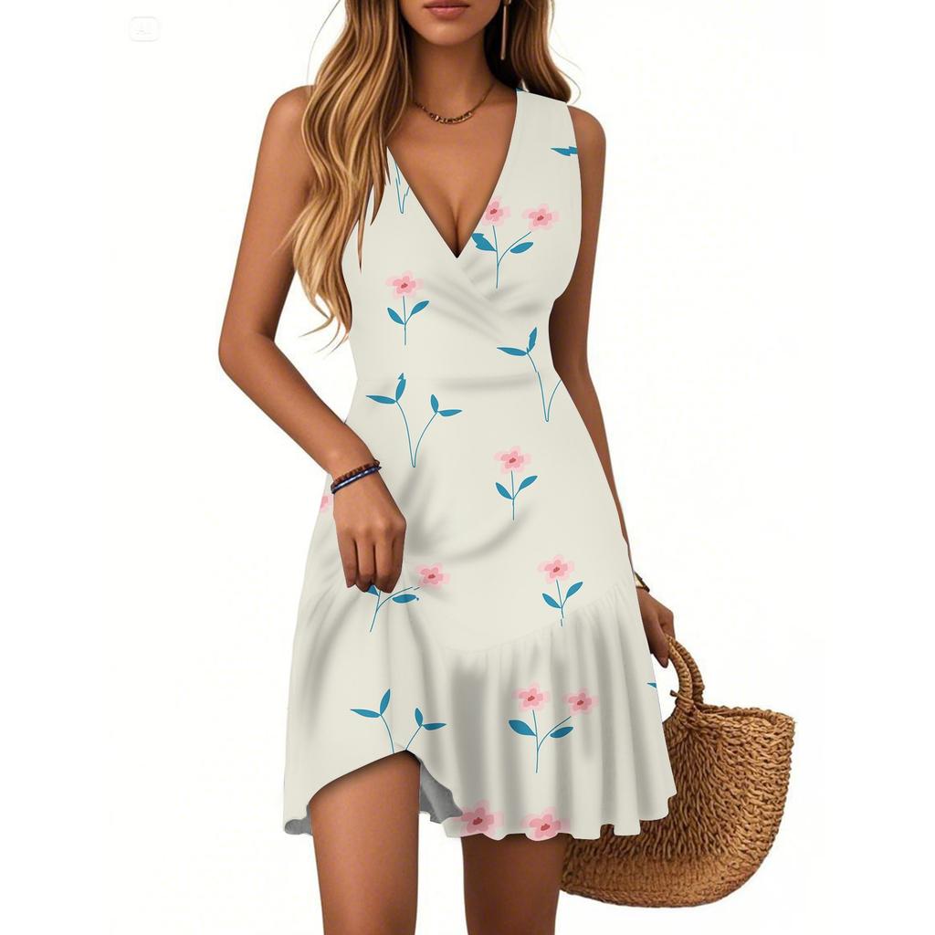Women's Summer Dress V Neck Sleeveless Casual Floral Print Hem Pleated Dress