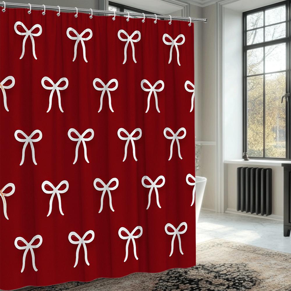 Elegant Red And White Bow Pattern Shower Curtain Waterproof Mildew Resistant Easy To Install For Bathroom Decor Non-Toxic