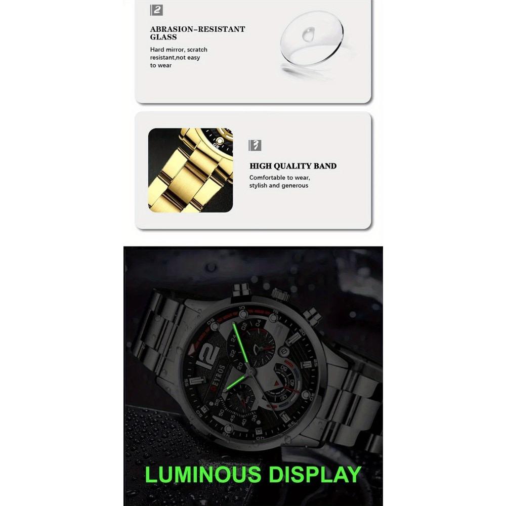 3pcs/set, Fashion Men's Business Watch, Casual Stainless Steel Quartz Wristwatch, Golden Necklace, Bracelet and Wristwatches Set