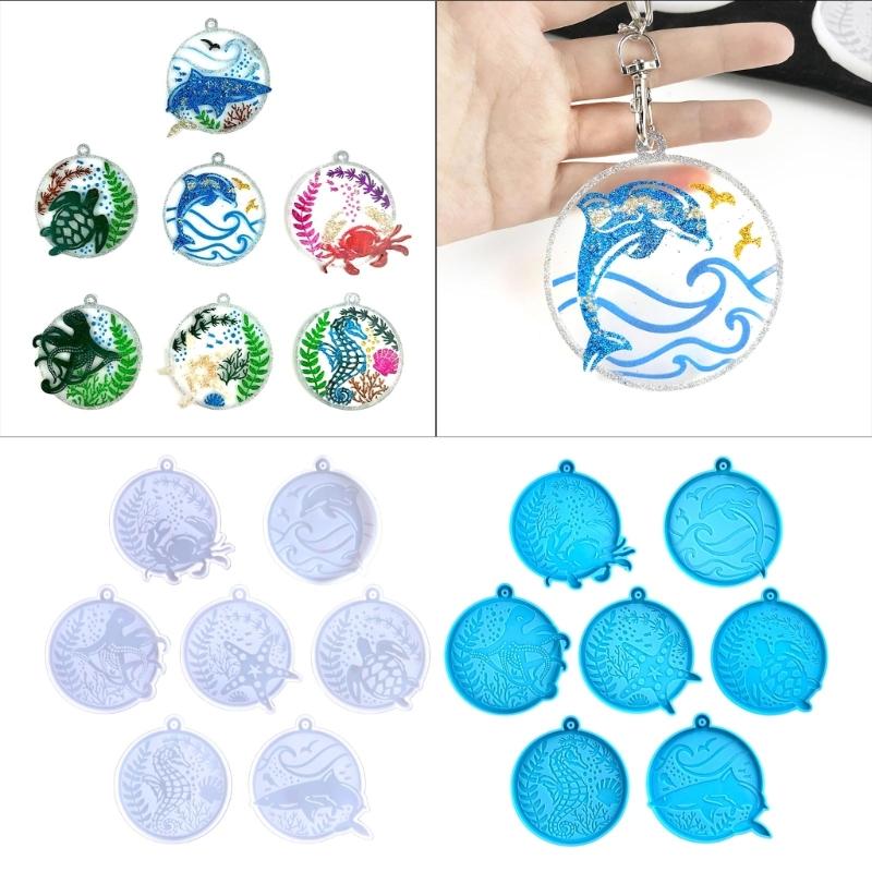 7Pcs Round Keychain Glue Drop Moulds Diy Marine Animal Hippocampus Octopuses Whale Key Pendant Silicone Mould for Crafts