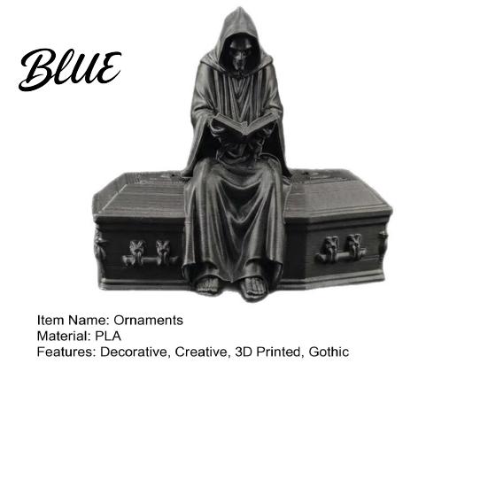 Niche Handmade Crafts 3D Printed Reading Skeleton Figurine Gothic Hooded Reader Statue Matte Black Home Ornaments Spooky Desktop Ornament for Office