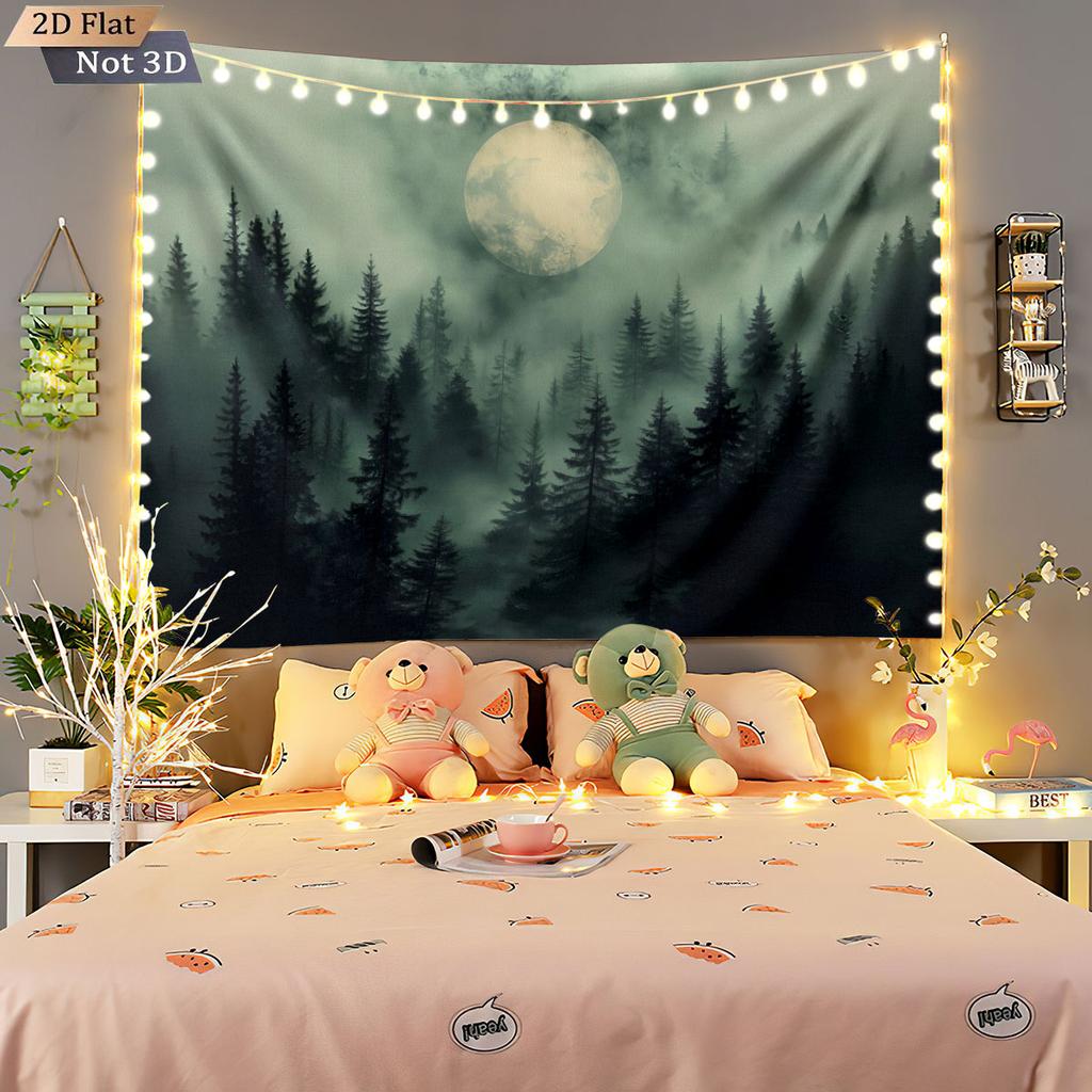 1pc Chinese Style Green Forest Printed Tapestry Living Room Wall Art Decoration Background Cloth Machine Washable Space Pendant