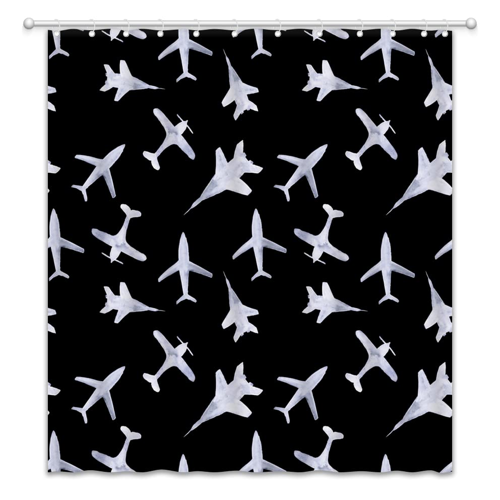 Flugzeug Duschvorhang Flughafen Flugzeug Fliegend Luftwaffe Landebahn Modernes Militär Thema Badezimmer Dekor Polyester Vorhang Mit Haken