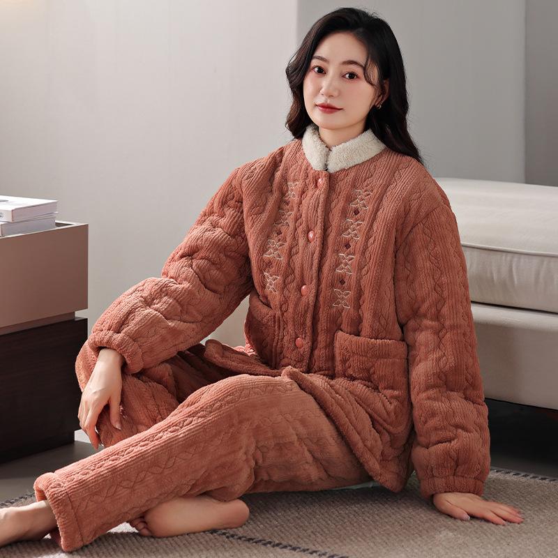 Pajamas Women's Winter Coral Fleece Thickened Fleece Three-layer Padded Cotton Winter Flannel New Padded Jacket Loungewear