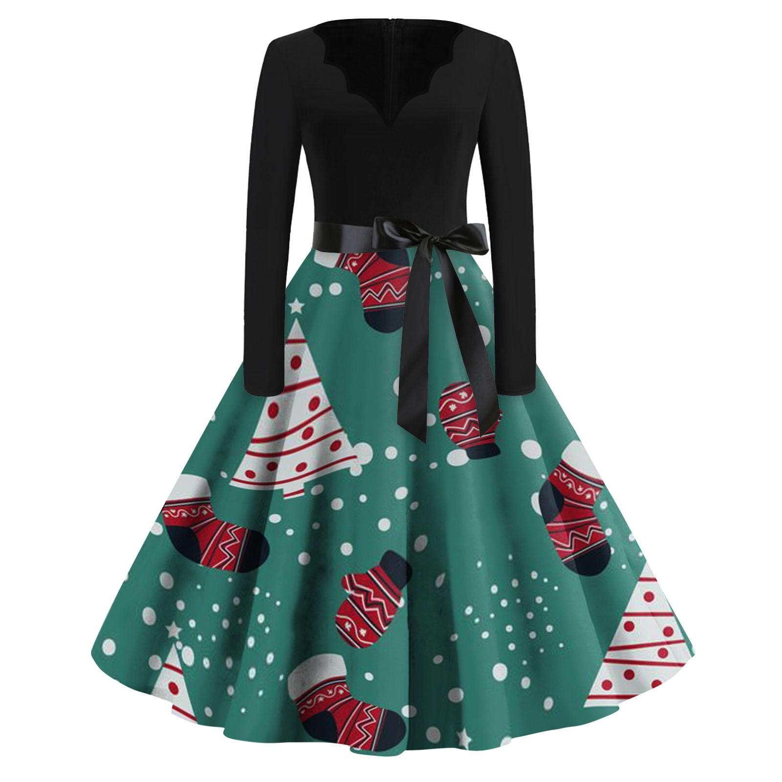 

Жіноча повсякденна модна вінтажна довга сукня з V-подібним вирізом і довгим рукавом з різдвяним принтом L зелений