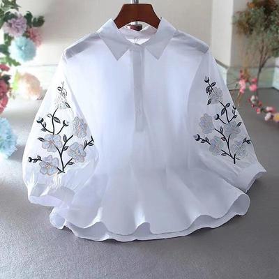 Women's Summer Literary Loose Casual Lantern Sleeve Shirt Temperament Design Embroidery Elegant Top