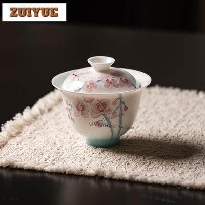 135ml Hand-painted Butterfly Orchid Gaiwan Elegant Tea Tureen Tea Bowl With Lid Kit Tea Maker Cover Bowl For Tea Supplies Gift