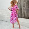 Feminino outono inverno manga curta flor impressão com decote em v casual a linha tornozelo comprimento vestido de cintura alta
