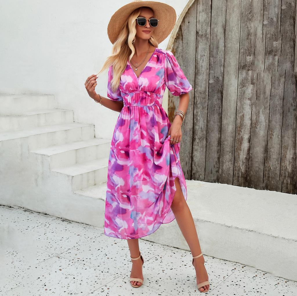 Feminino outono inverno manga curta flor impressão com decote em v casual a linha tornozelo comprimento vestido de cintura alta