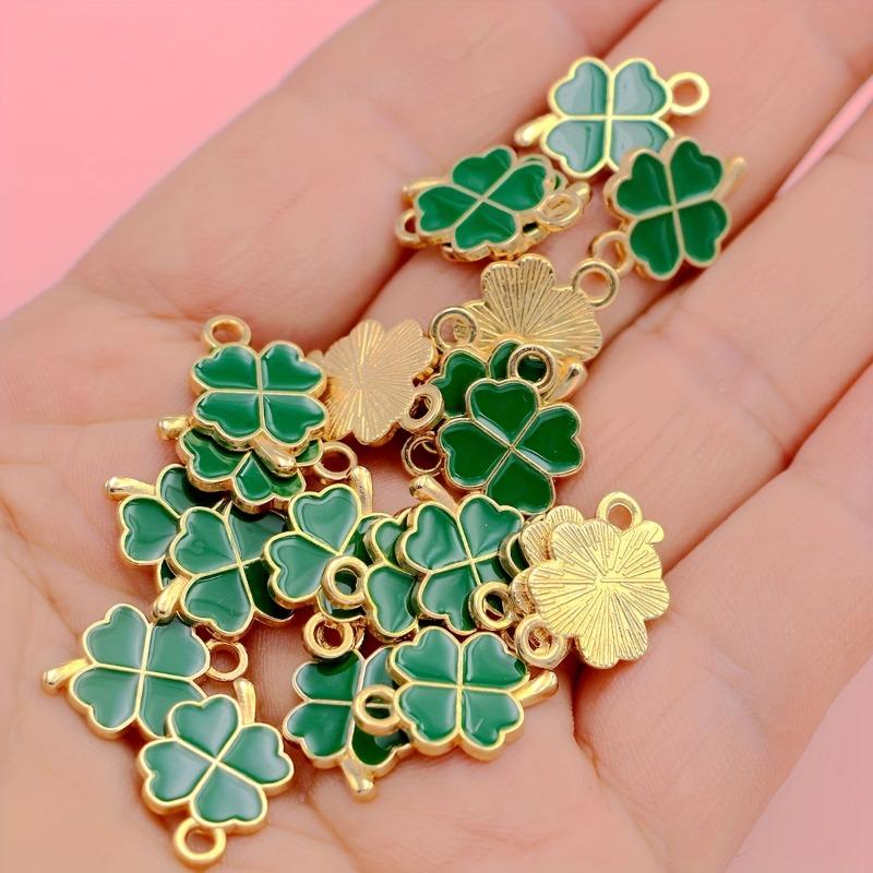 200 Golden-Tone Clover Charms with Glossy Green Enamel Four-Leaf Good Luck Pendants for Necklace Earring Bracelet Jewelry Making