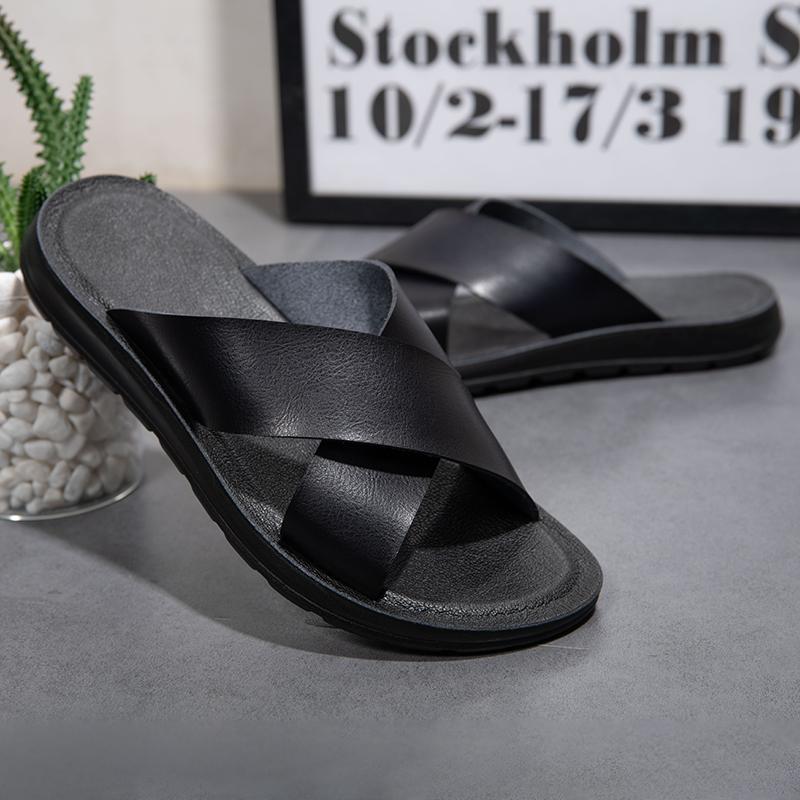 Men Leather Slippers Palm Cross Slides Casual Outdoor Summer Italian Designer Classic Brown Black 2024New Summer Casual Slippers