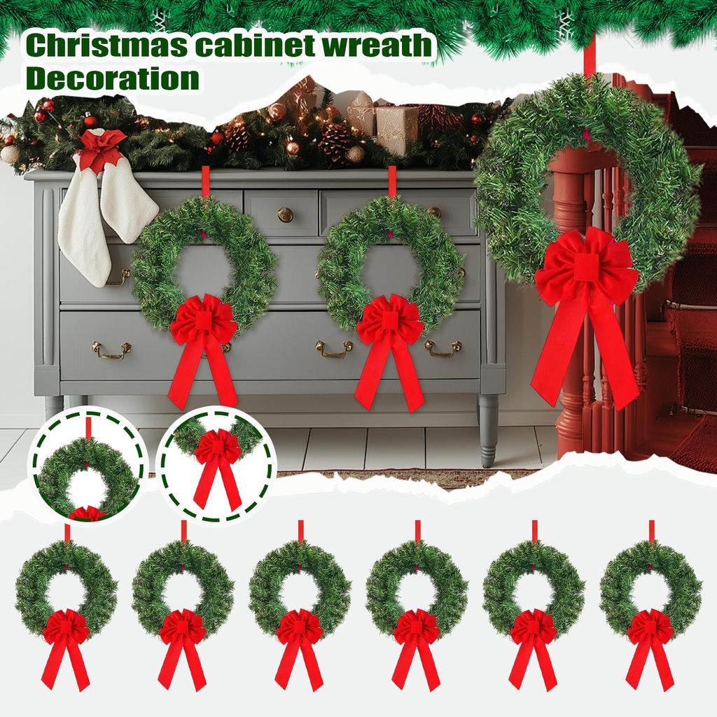 Christmas Kitchen Cabinet Wreaths With Plaid Bow Ribbon Hanging Cabinet Doors Wreaths Decorative For Kitchen Window Outdoor Indoor Holiday Decor
