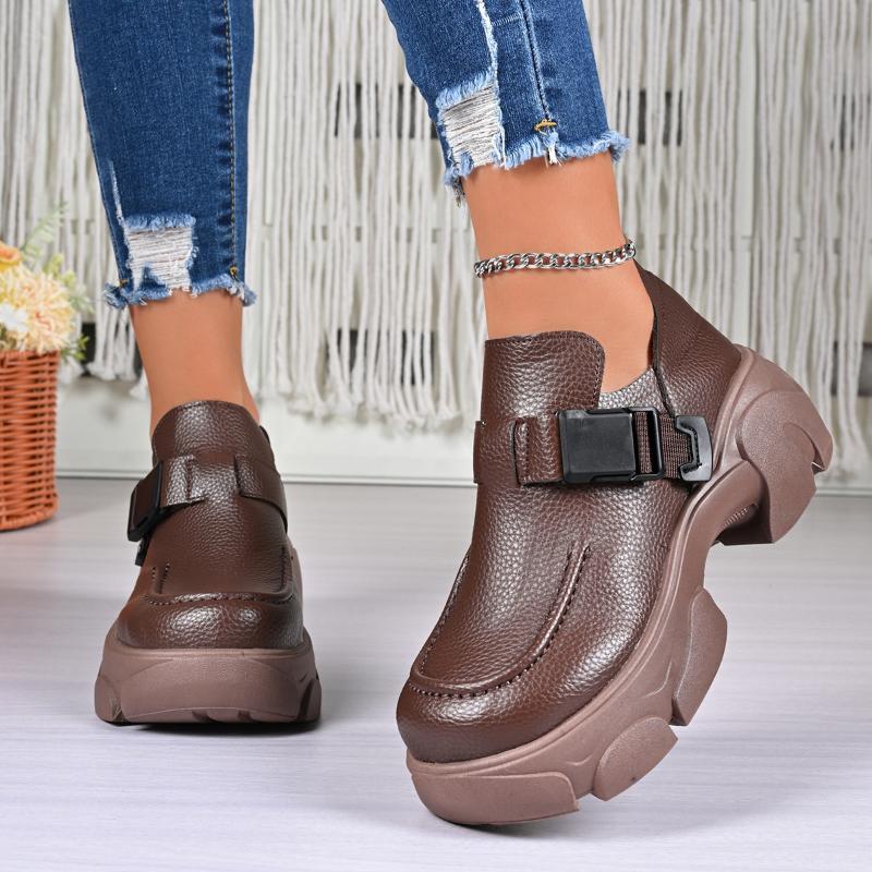 Retro Women Shoes Spring and Autumn Height Increase Thick Soled Casual Leather Shoes Round Head Buckled  Platform Sneakers Women