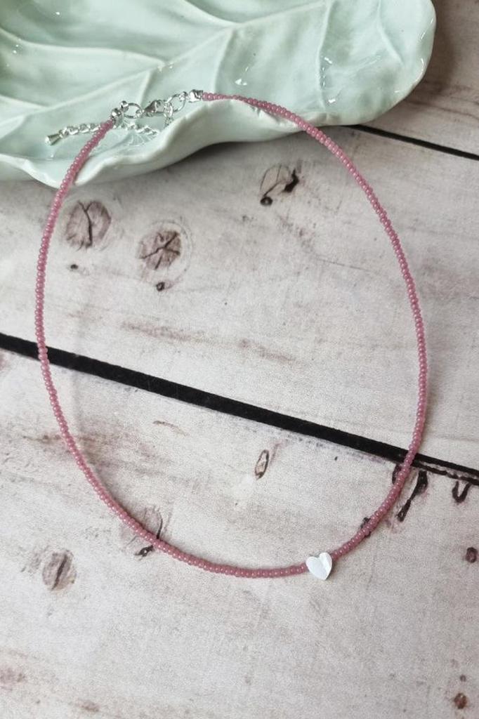 Handmade Choker with dark pink Seed Beads and Natural Heart Shell Pendant