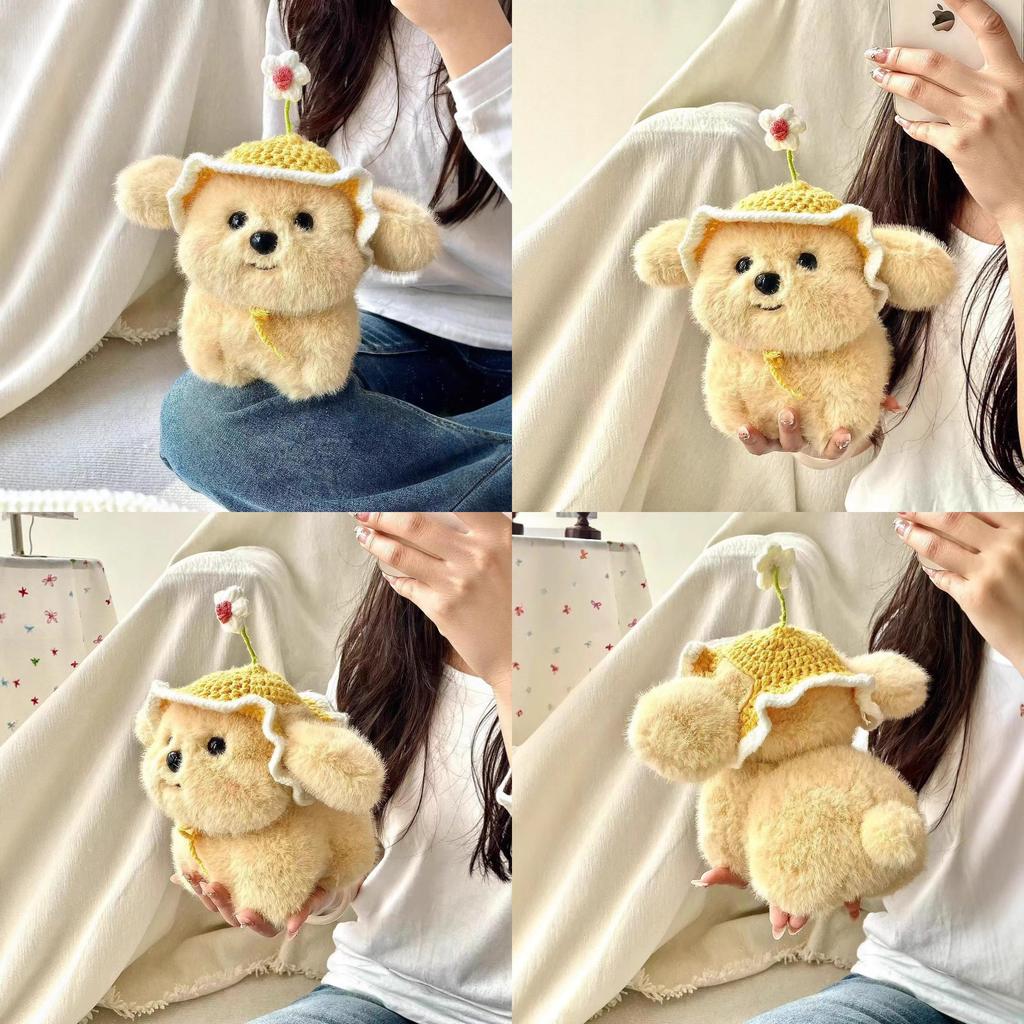 Plush Adorable Dog Toy Stuffed Doll With Summer Hat For Childrens Room Decor