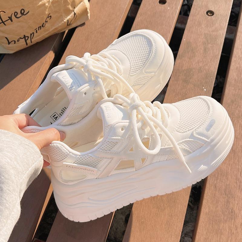Women Summer Breathable Mesh Hollow Out Thick Sole Casual Platform White Sneakers