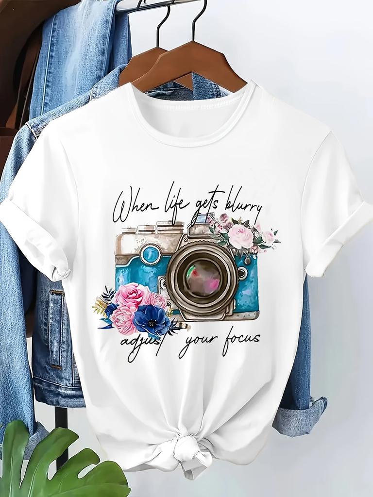 Vintage Y2k 90s Camera Flower Shirt Unisexs Casual Short Sleeve Crew Neck Tshirt Print Harajuku Short Sleeve T Shirt
