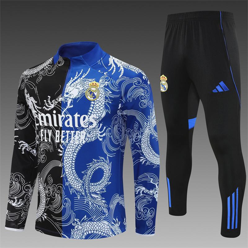 2426 Maglia Real Madrid Manica Lunga Mezza Zip Maglia da Allenamento Calcio Pre-Partita Maglia da Gara Tuta Adulto Manica Corta Bambino
