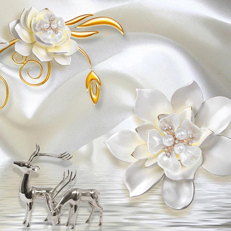 3d Wall Murals Luxury 3d Relief Deer White Pearl Jewelry Flower Large Wall Mural Living Room Bedroom Wallpaper