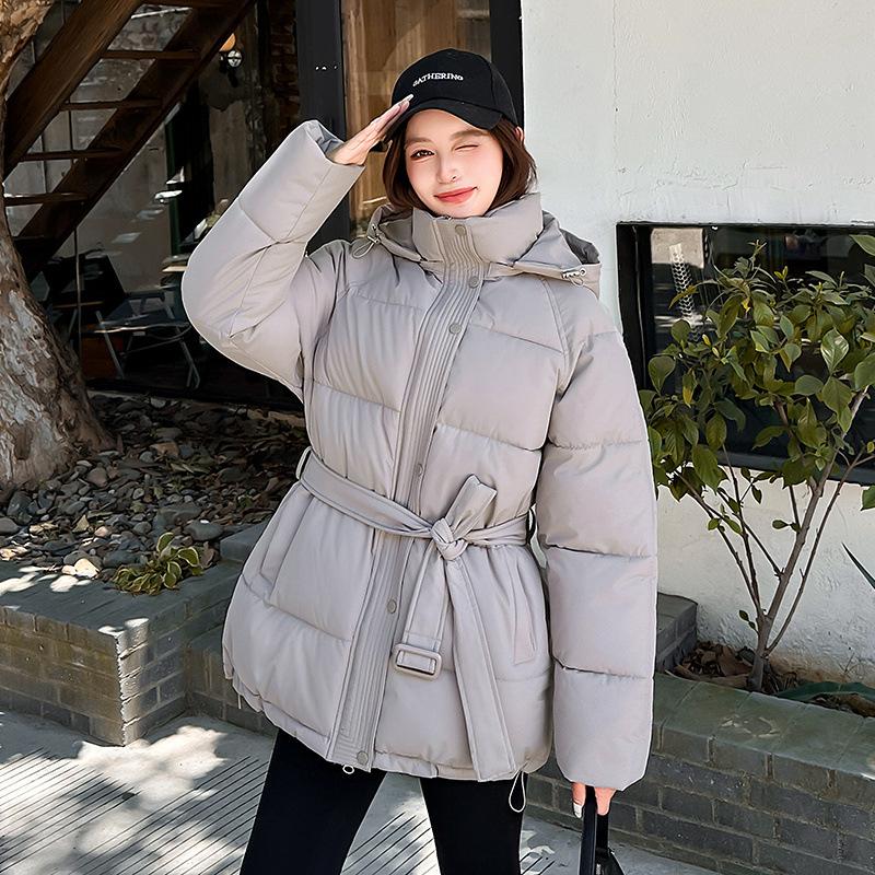Wind belt down cotton clothes women's winter new fashion waist thin thickened sweet coat tide