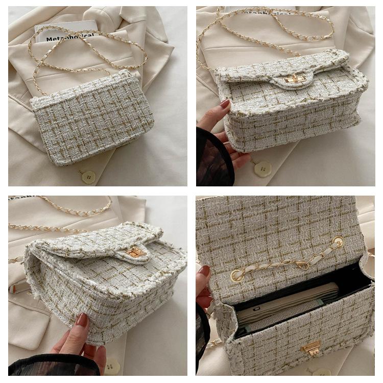 Women's Tweed Chain Small Square Bag Fashionable Single Shoulder Crossbody Bag Vintage Minimalist Handbag