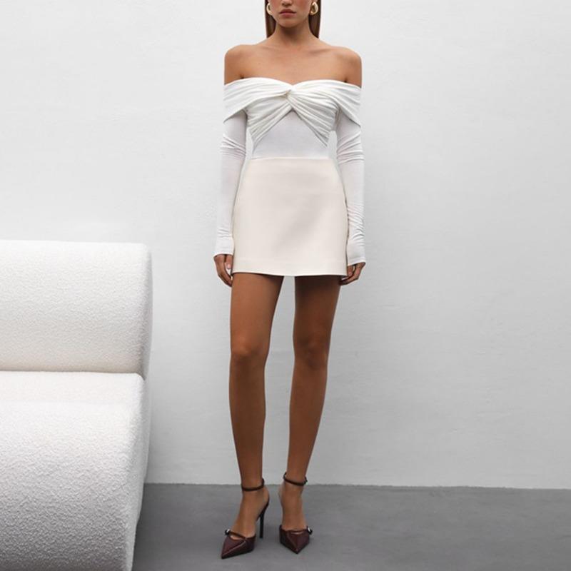 Cămăși cu mânecă lungă cu gât încrucișat pentru femei Sexy cu umăr dezactivat Topuri scurte și subțiri solide Club casual pentru petrecere Tricou bodycon pentru doamne