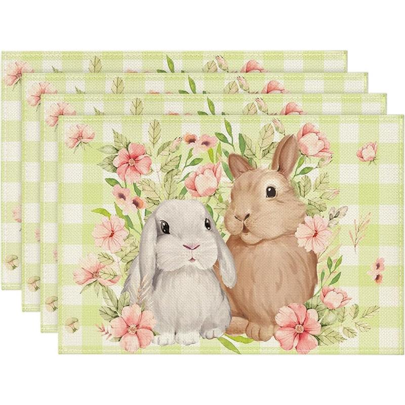 Cute Bunny Placemats Spring Floral Table Decor Dinner Mat Non-Slip Heat Resistant Tableware Pad for Kids Room Tea Party Decor