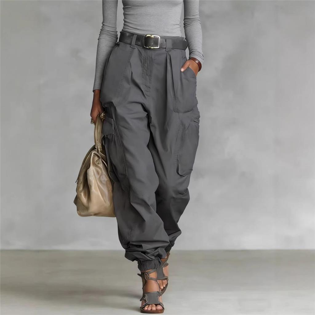 Women High Waist Cargo Pants Multi‑Pocket Loose Harem Trousers Drawstring Ankle Banded Casual Streetwear